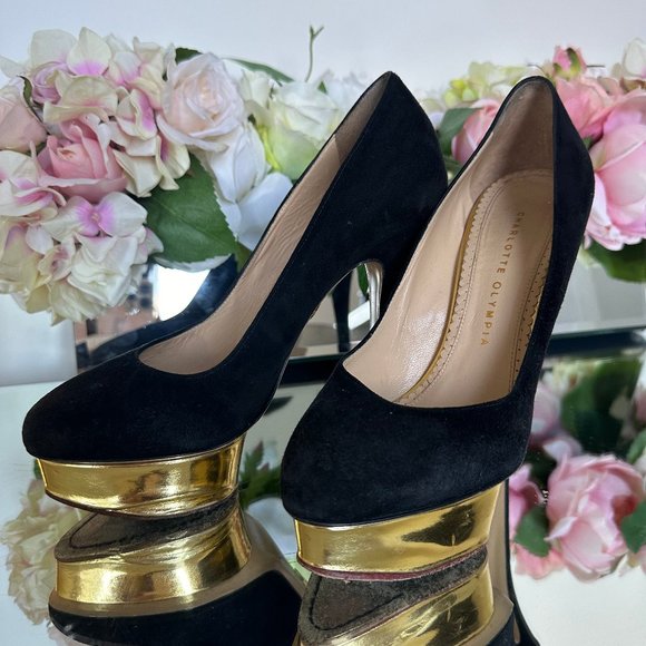 Charlotte Olympia Dolly Black Suede Heel With Gold Platform - Picture 5 of 8